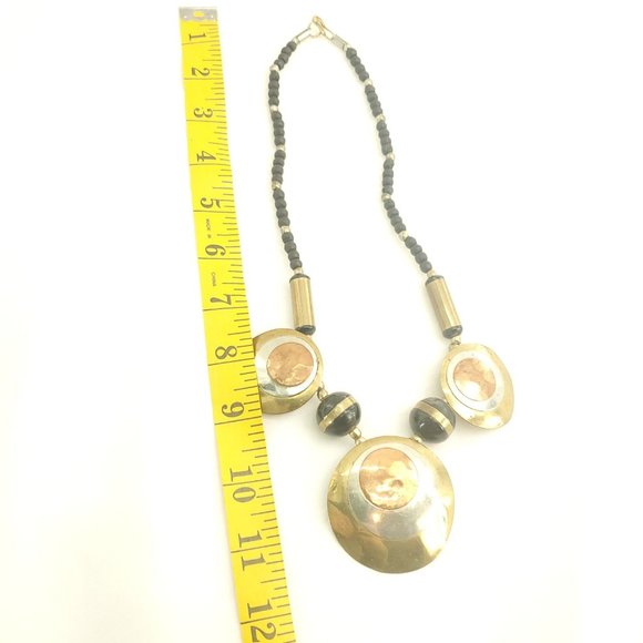 Womens Black Beads Hammered Circular Discs Bronze Metal Statement Necklace - Picture 9 of 14